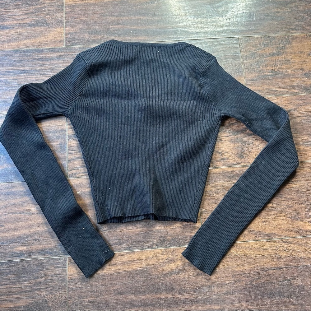Knit Mix Black Ribbed Long Sleeve Crop Top - Picture 2 of 4